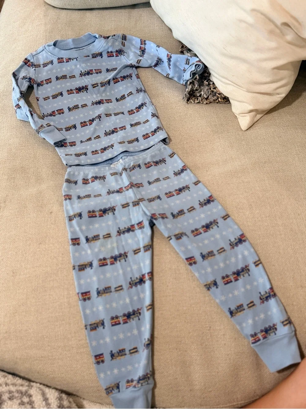 Janie and Jack Light Blue Pajama Set with Train Motif